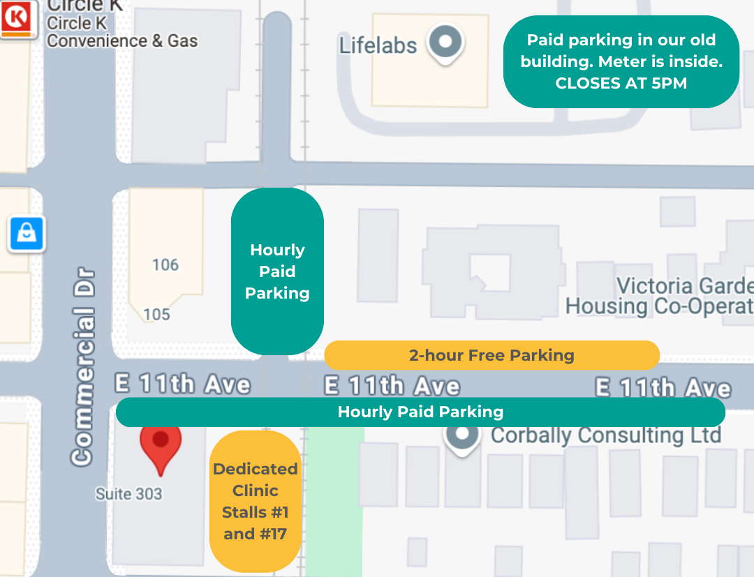 Map demonstrating parking availability as described.