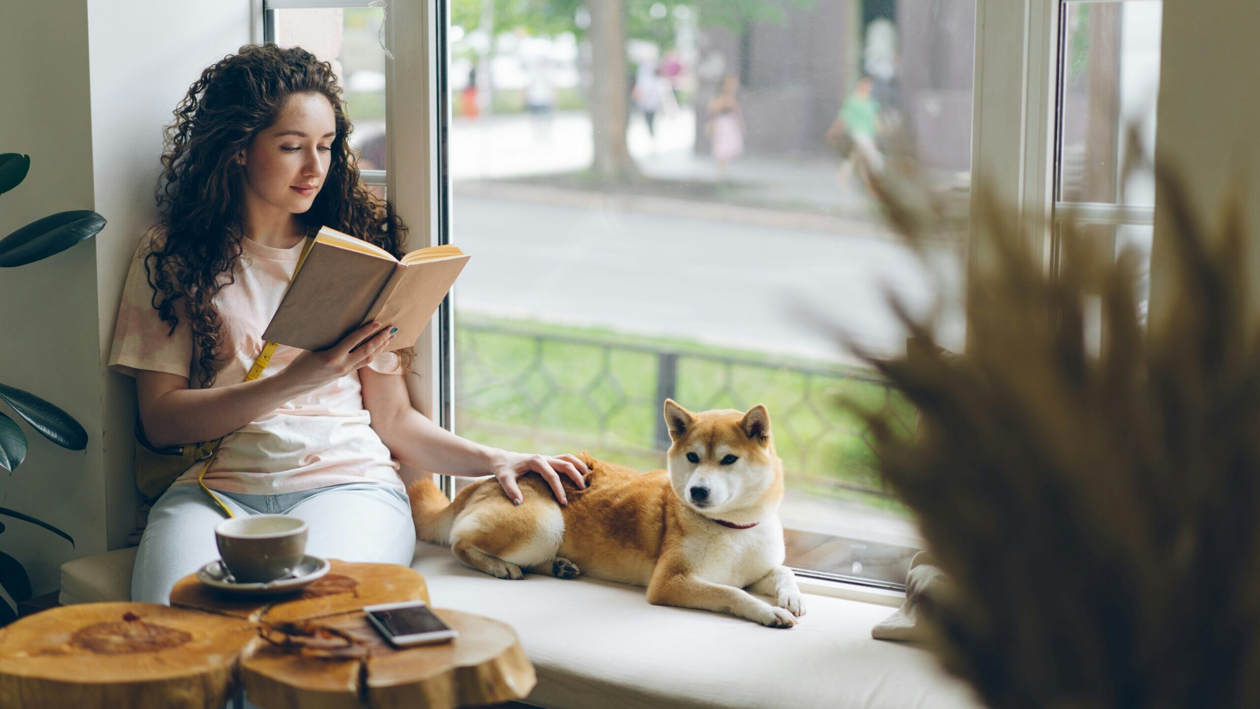 Woman sitting by window with dog reading.